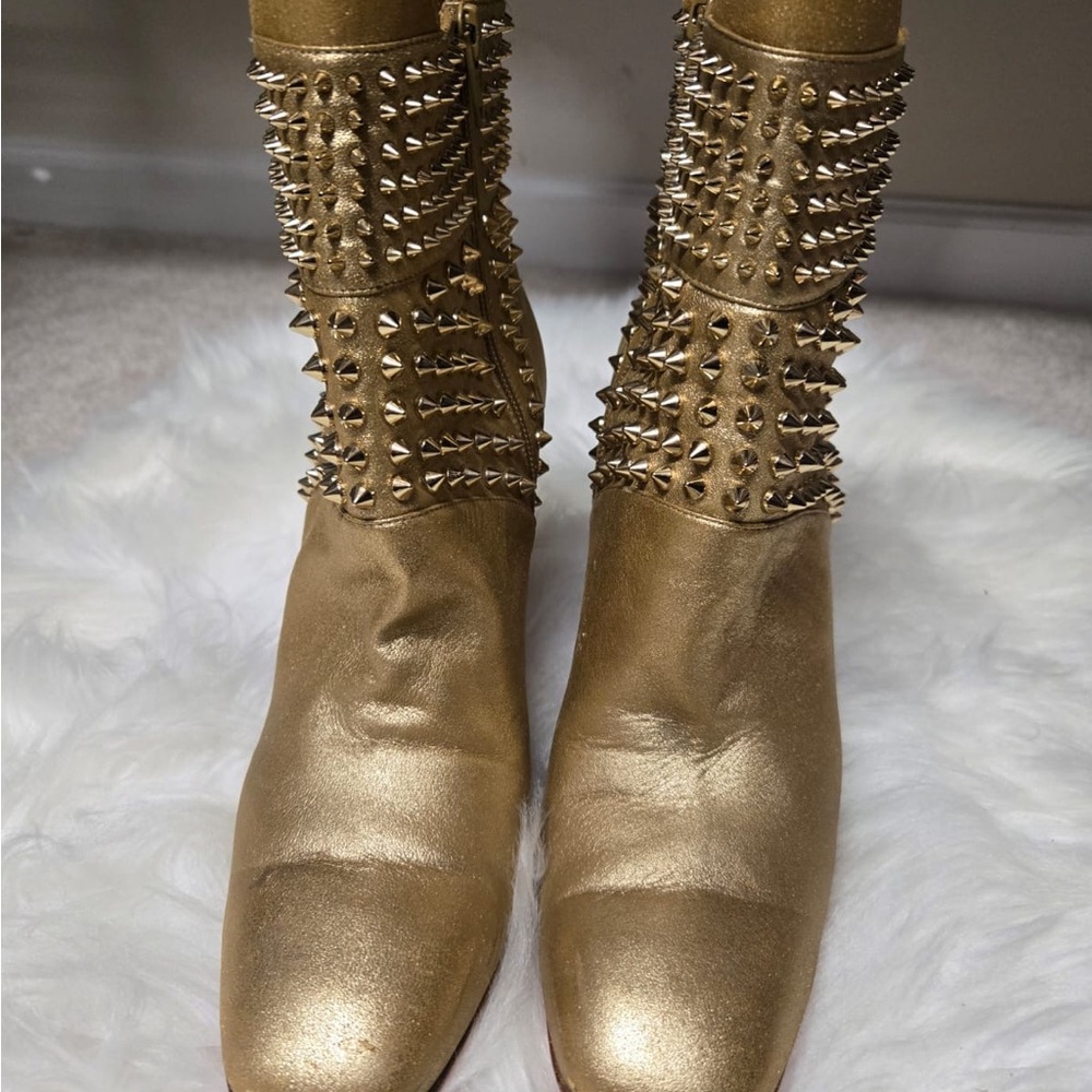 Gold Metallic Christian Louboutin Ankle Booties with Studded Detail